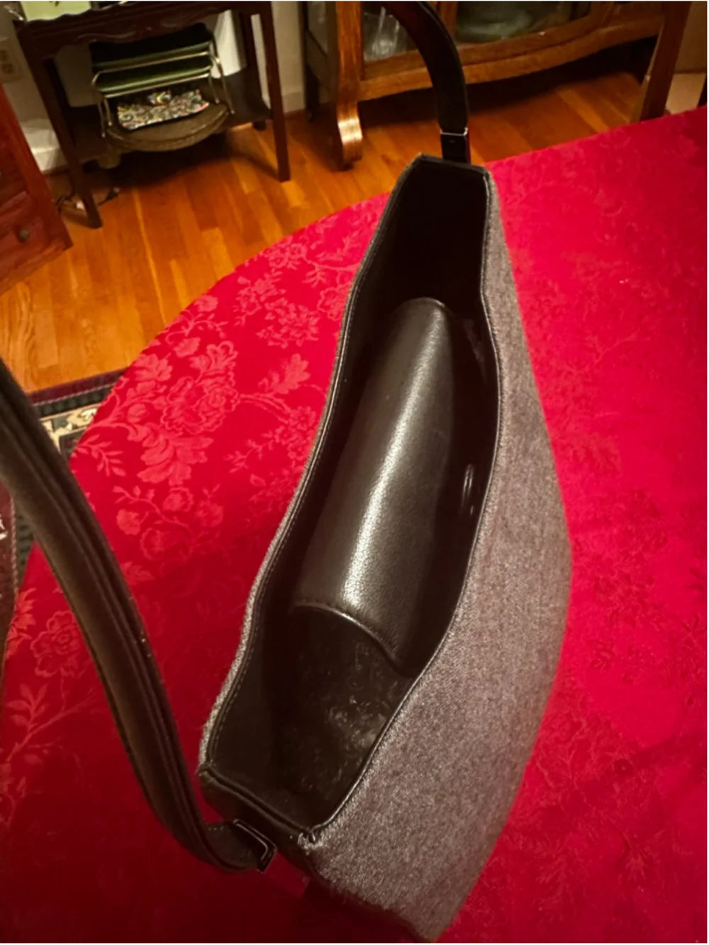 Gianni Versace Gray Wool and Black Leather Medusa Hobo Bag